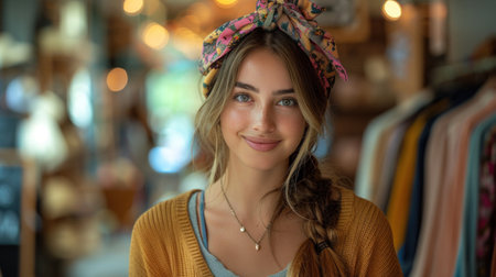 Portrait of a beautiful young woman in a clothing store. Girl looking at camera.の素材