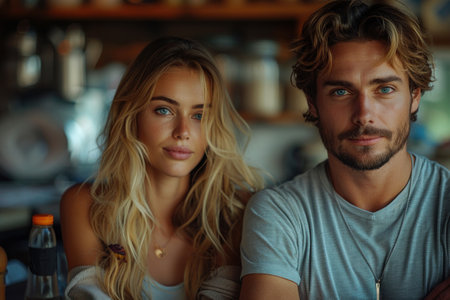 Portrait of a beautiful young couple sitting in a cafe and looking at the cameraの素材