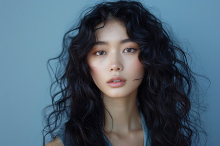 beautiful asian woman with long black curly hair on blue backgroundの素材