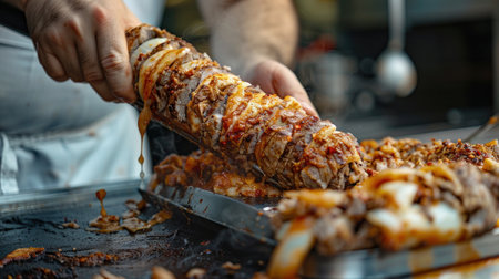 Closeup of a man preparing kebab in a restaurant kitchenの素材
