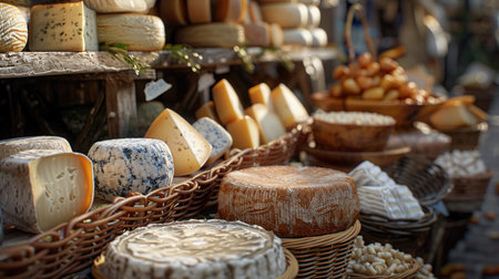 Various types of cheese at local market in Italy. Soft focus.の素材