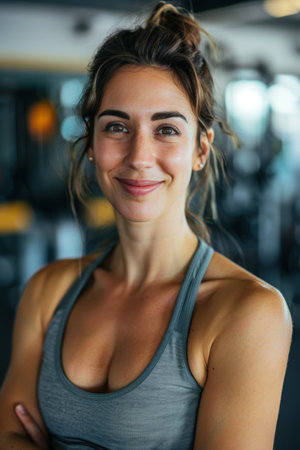 Portrait of smiling young woman at the gym looking at camera.の素材