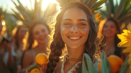 Group of young women in boho style with tropical fruits in their hands.の素材
