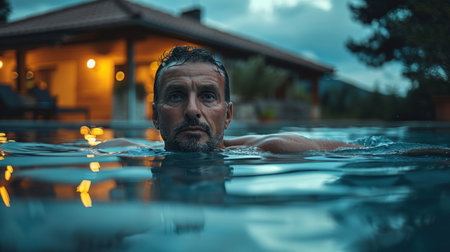 Portrait of a man relaxing in a swimming pool at night.の素材