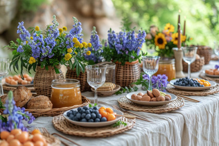 Easter table setting with eggs, blueberries, blueberries, almonds and honeyの素材