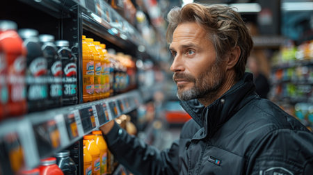 Handsome middle-aged man choosing sports nutrition in sports nutrition storeの素材