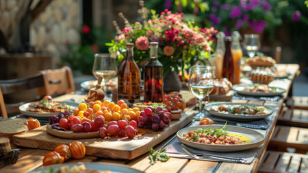 Wine and snacks on a wooden table in a summer garden.の素材