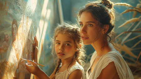 Portrait of a beautiful mother and her daughter painting on the wallの素材
