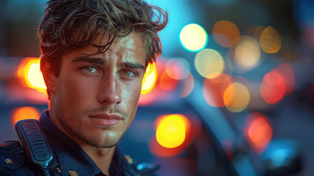 Portrait of a young man in a police uniform on the streetの素材