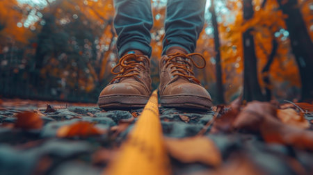 Close-up of male legs in hiking boots walking in autumn forest.の素材