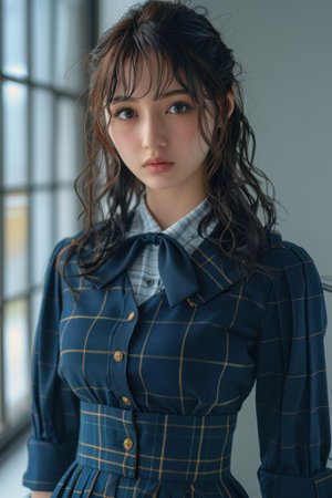 Portrait of a beautiful girl in a blue dress in the interiorの素材