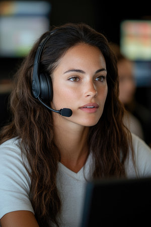 Portrait of female customer support operator using headset in a call centerの素材