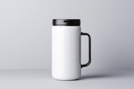 Mockup of a white thermos on a gray background.の素材