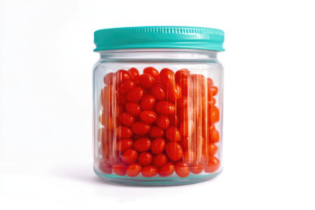 Glass jar filled with red candies isolated on a white background.の素材