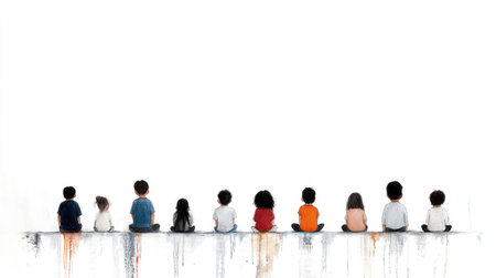 Silhouettes of a diverse group of young people sitting in a rowの素材