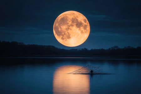 Beautiful full moon over the lake with fishing net in the foreground.の素材