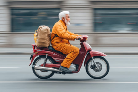 Old man riding a scooter in Milan.の素材