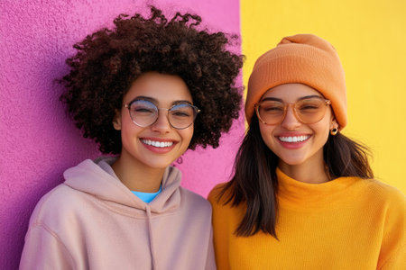 Portrait of two smiling young women in eyeglasses against colorful backgroundの素材
