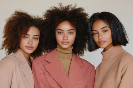 Portrait of three young women with afro hairstyle looking at cameraの素材