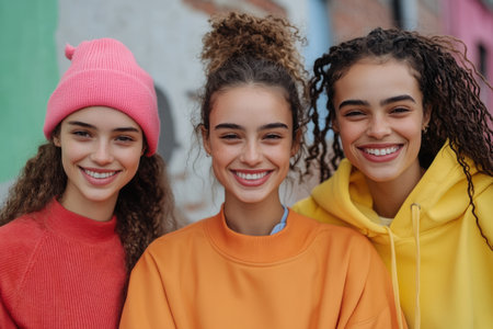 Portrait of a group of smiling teenage girls looking at camera outdoorsの素材