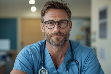 Portrait of confident doctor with stethoscope standing in hospital corridorの素材