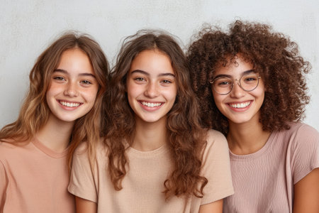 Portrait of three smiling teen girls in eyeglasses looking at cameraの素材
