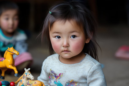 Little Asian girl playing with toy horse, shallow depth of fieldの素材