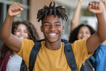 Portrait of happy African American schoolboy raising hands in classroomの素材