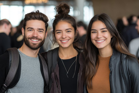 Portrait of a group of friends smiling at camera at the universityの素材