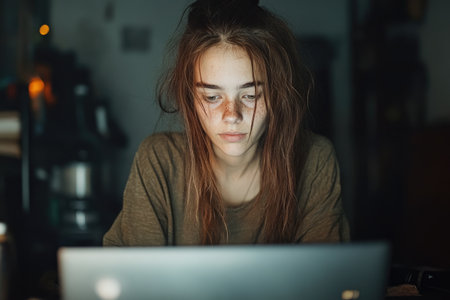 Young woman working on laptop computer at night in dark room. Freelance.の素材