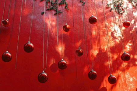red christmas balls hanging on red wall with shadow of tree branchesの素材