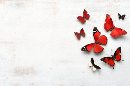 Beautiful red butterflies on white wooden background, top view. Space for textの素材