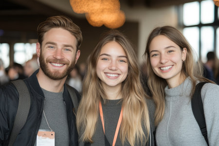Portrait of smiling young people standing in a row in a coffee shopの素材