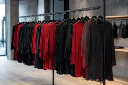 luxury and fashionable european different clothes hanging on hangers in boutiqueの素材