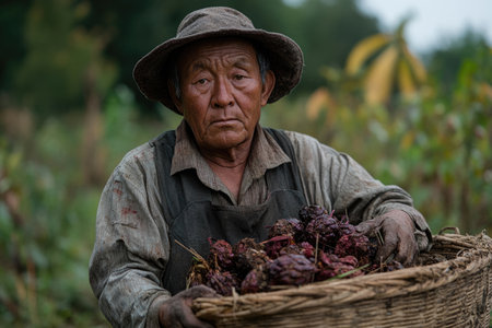 Old farmer with his harvest of potatoes in the countryside of Thailand.の素材