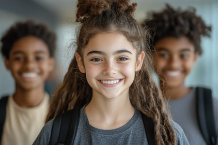 Portrait of smiling African American schoolgirl looking at camera with friends in backgroundの素材