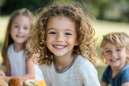 Portrait of smiling children having picnic in park on a sunny dayの素材