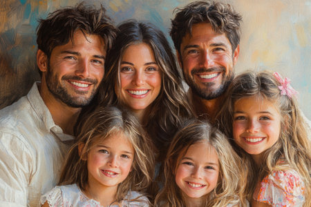 Portrait of happy family smiling at camera in living room at homeの素材