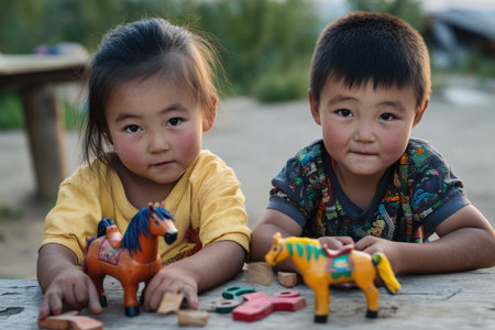 Two little Asian boy and girl playing with wooden toy horse.の素材