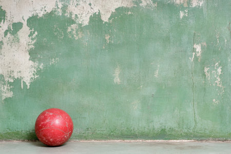 Red bowling ball on the floor with green cement wall background and copy spaceの素材