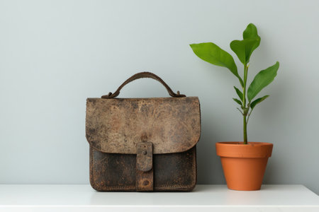 Old brown leather bag and green plant on white table and gray wall backgroundの素材