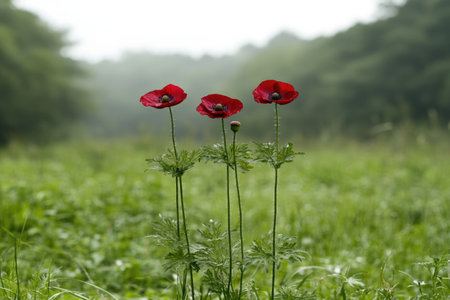 Red poppies on a meadow in the rain, selective focusの素材