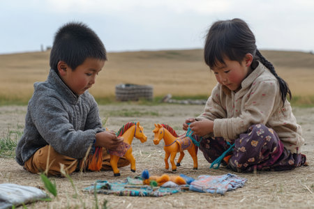 Korean little boy and girl playing in the field with toy horseの素材