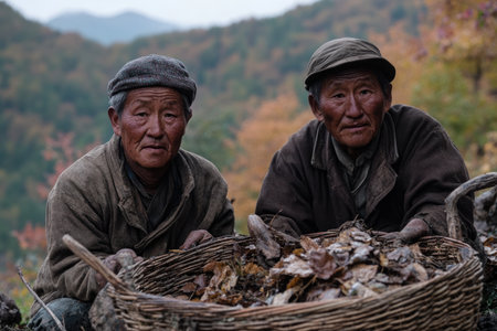 Unidentified old men in traditional clothes sit in a basket full of mushrooms in the autumn forest.の素材
