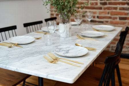 Elegant table setting with white marble and gold cutleryの素材