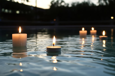 Candles on the edge of a swimming pool in the evening.の素材