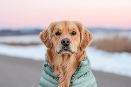 Cute Golden Retriever dog in a winter jacket, outdoors.の素材