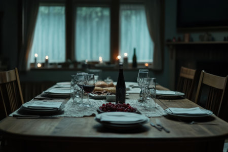 Luxury table setting for romantic dinner in restaurant. Selective focus.の素材