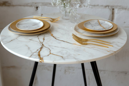 Elegant table setting with gold cutlery on white marble tableの素材