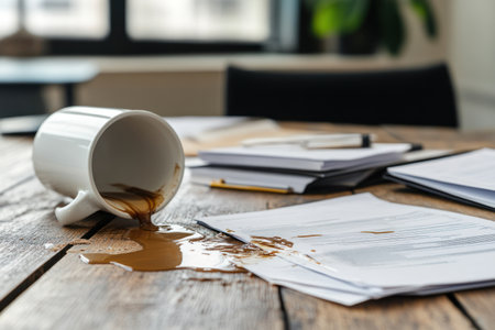 Coffee spilled out of a cup on the table in the officeの素材